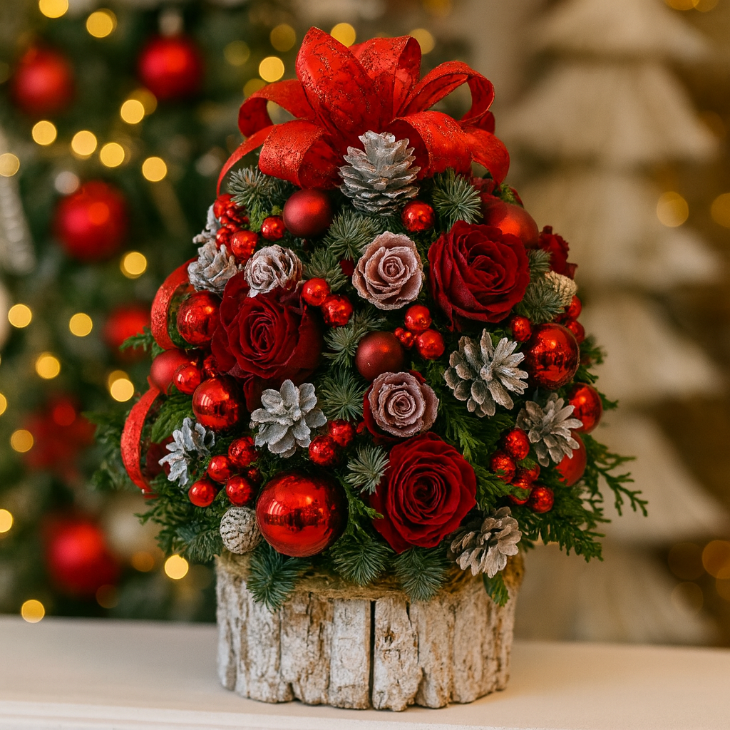Aranjament în Formă de Brad cu Trandafiri Stabilizați - Confecționat Manual - 45 - 50 cm - Brad Natural
