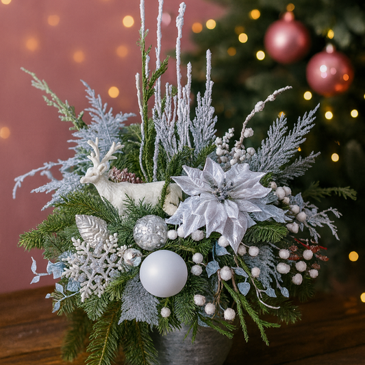 Aranjament de Crăciun Argintiu - White Christmas - Brad Natural